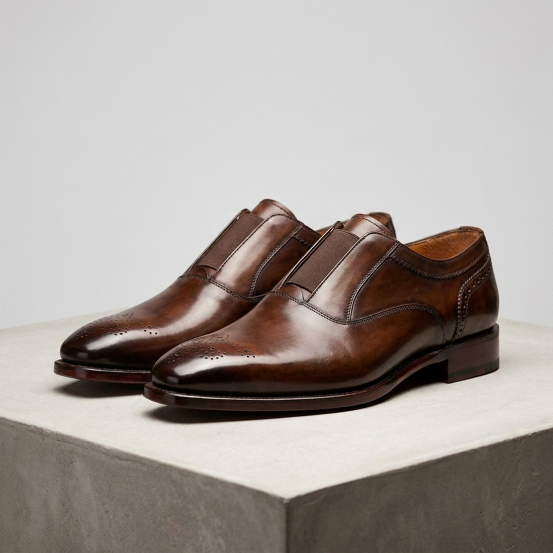 Height Increasing Brown Patina Leather Chiavari Brogue Cap-Toe Slip-On - 3 Inch Hidden Heel