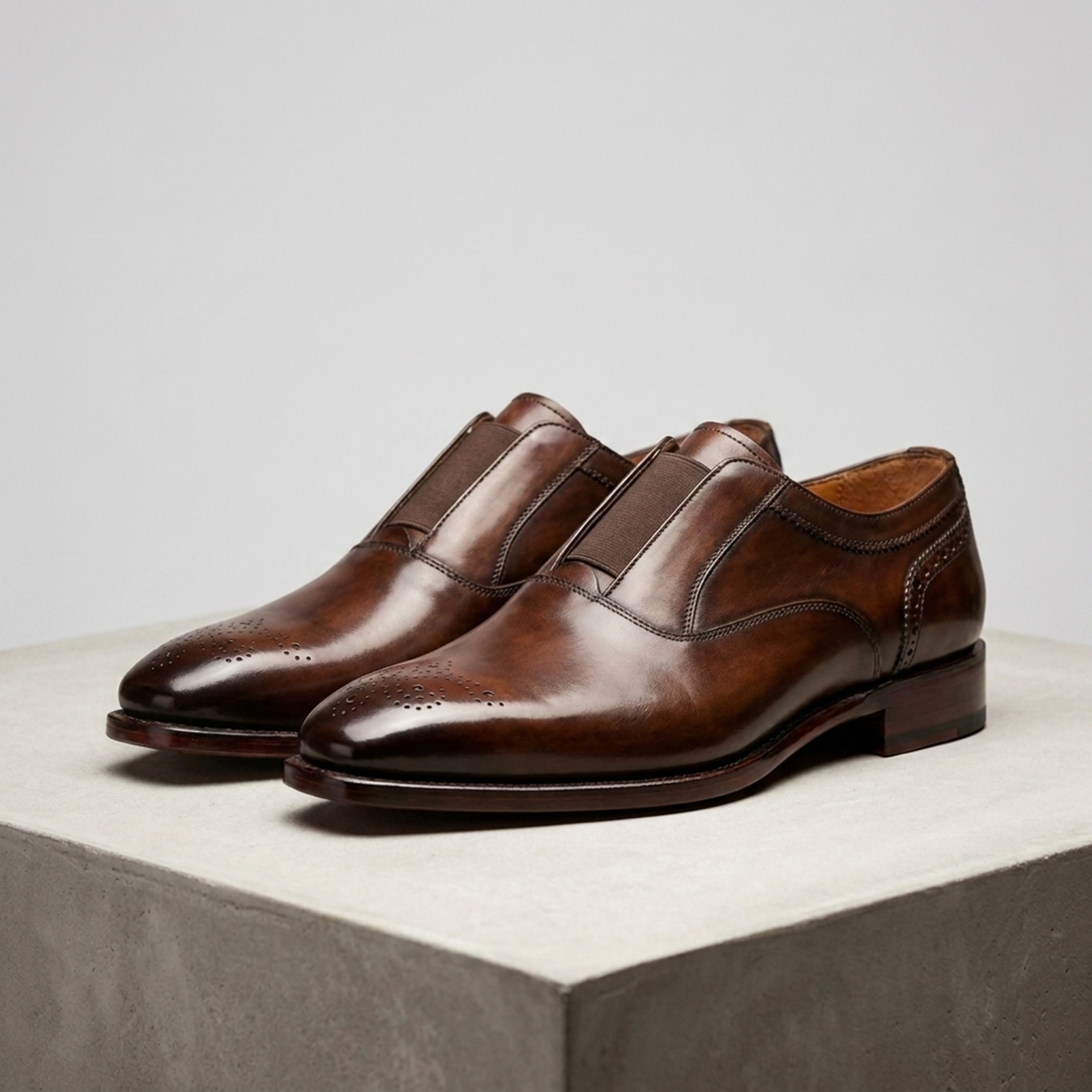 Brown Patina Leather Chiavari Brogue Cap-Toe Slip-On