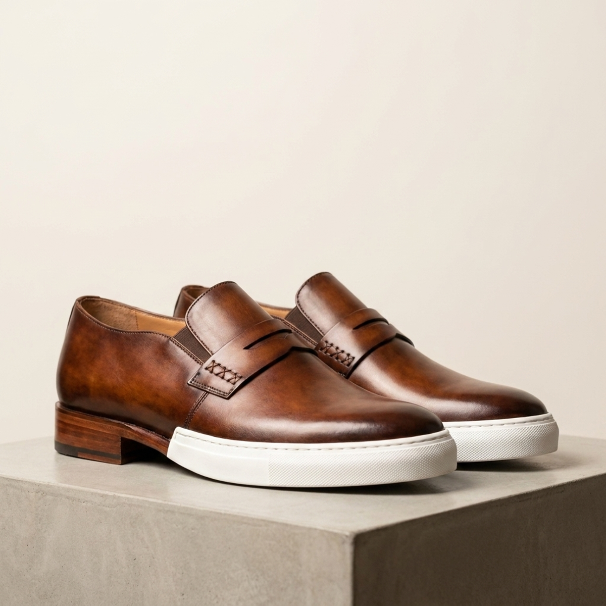 Brown Patina Leather Lerici Slip-On Sneaker with White Cup Sole