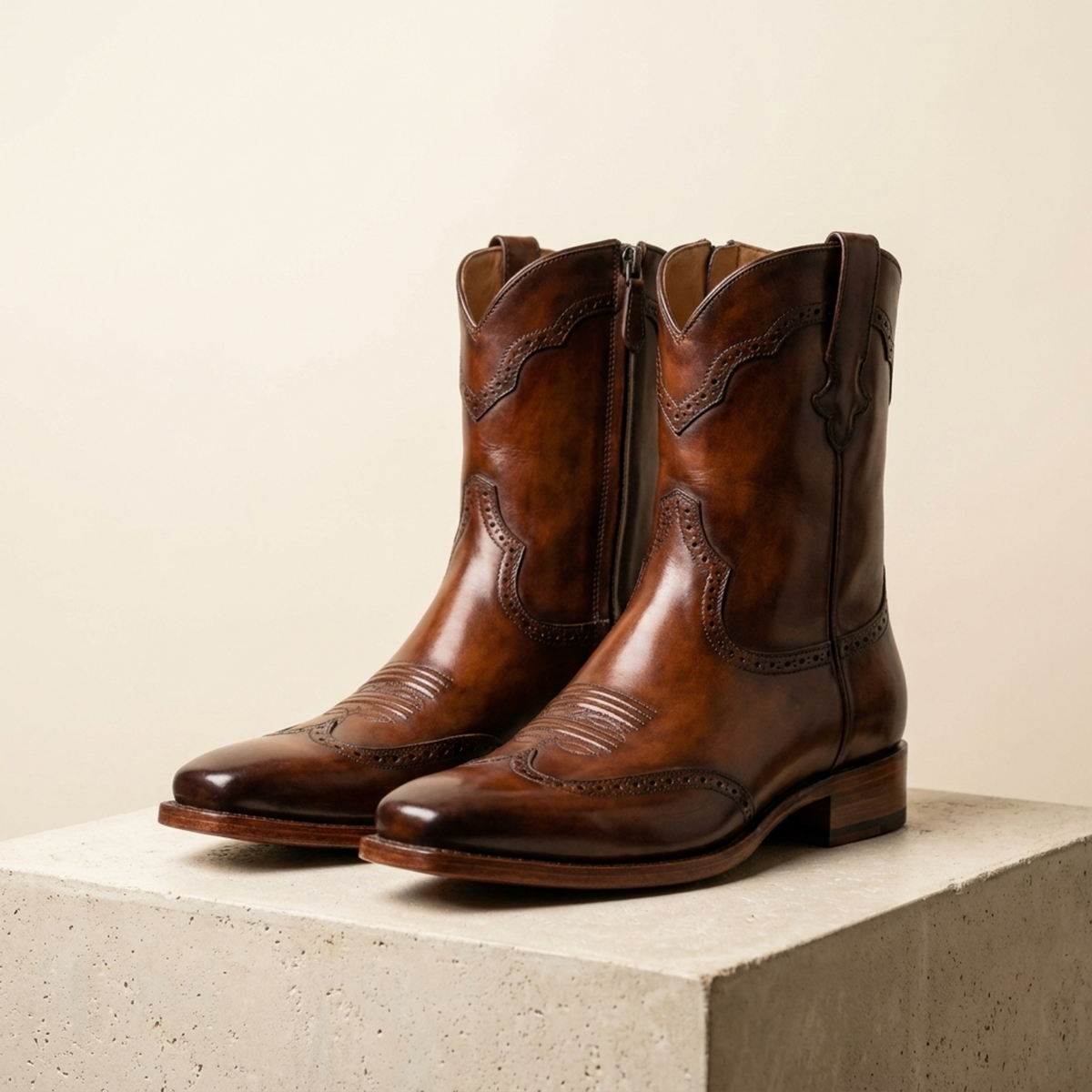 Height Increasing Brown Patina Leather Burrasca Zipper Cowboy Boot with Natural Leather Sole - 3 Inch Hidden Heel
