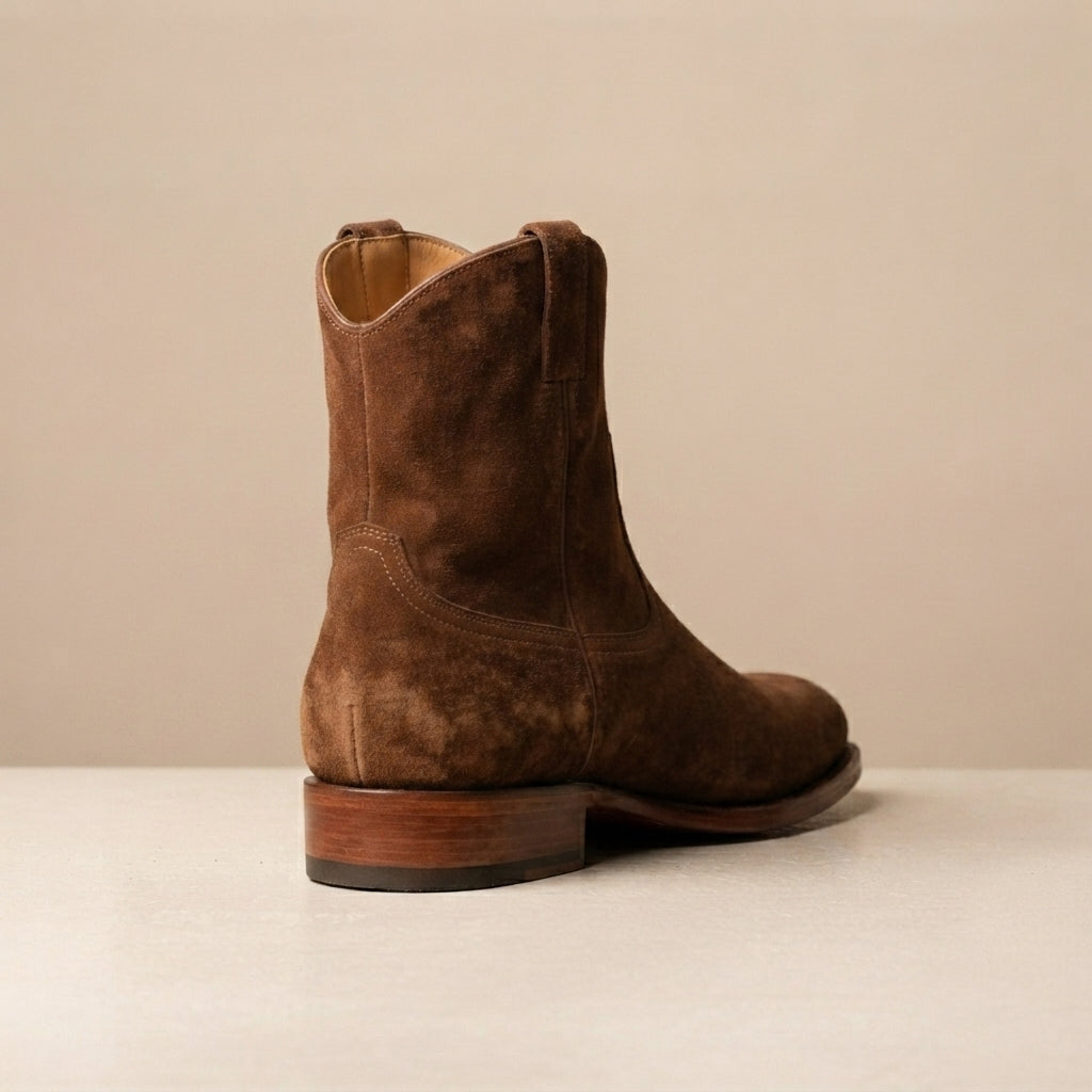 Height Increasing Brown Suede Burrasca Zipper Cowboy Boot with Natural Leather Sole - 3 Inch Hidden Heel – heel view