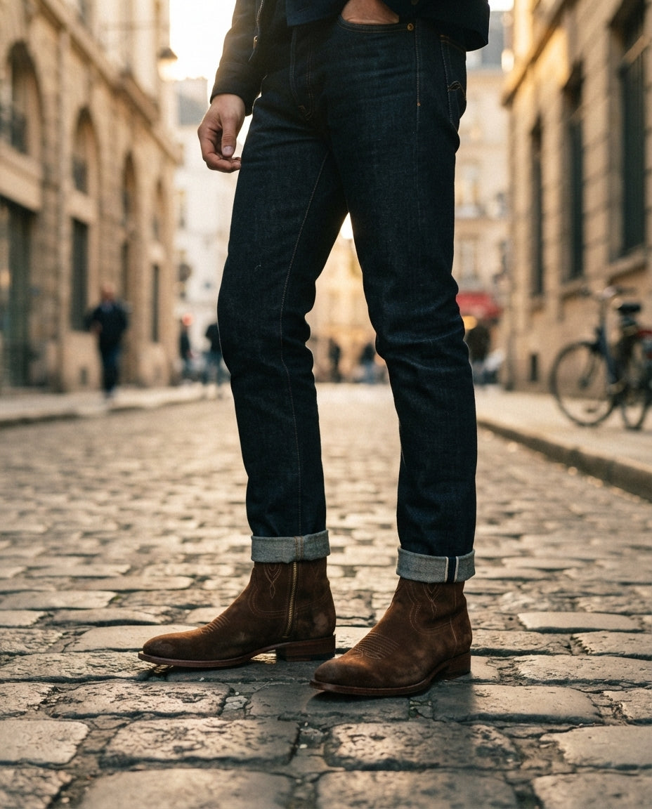 Height Increasing Brown Suede Burrasca Zipper Cowboy Boot with Natural Leather Sole - 3 Inch Hidden Heel – lifestyle