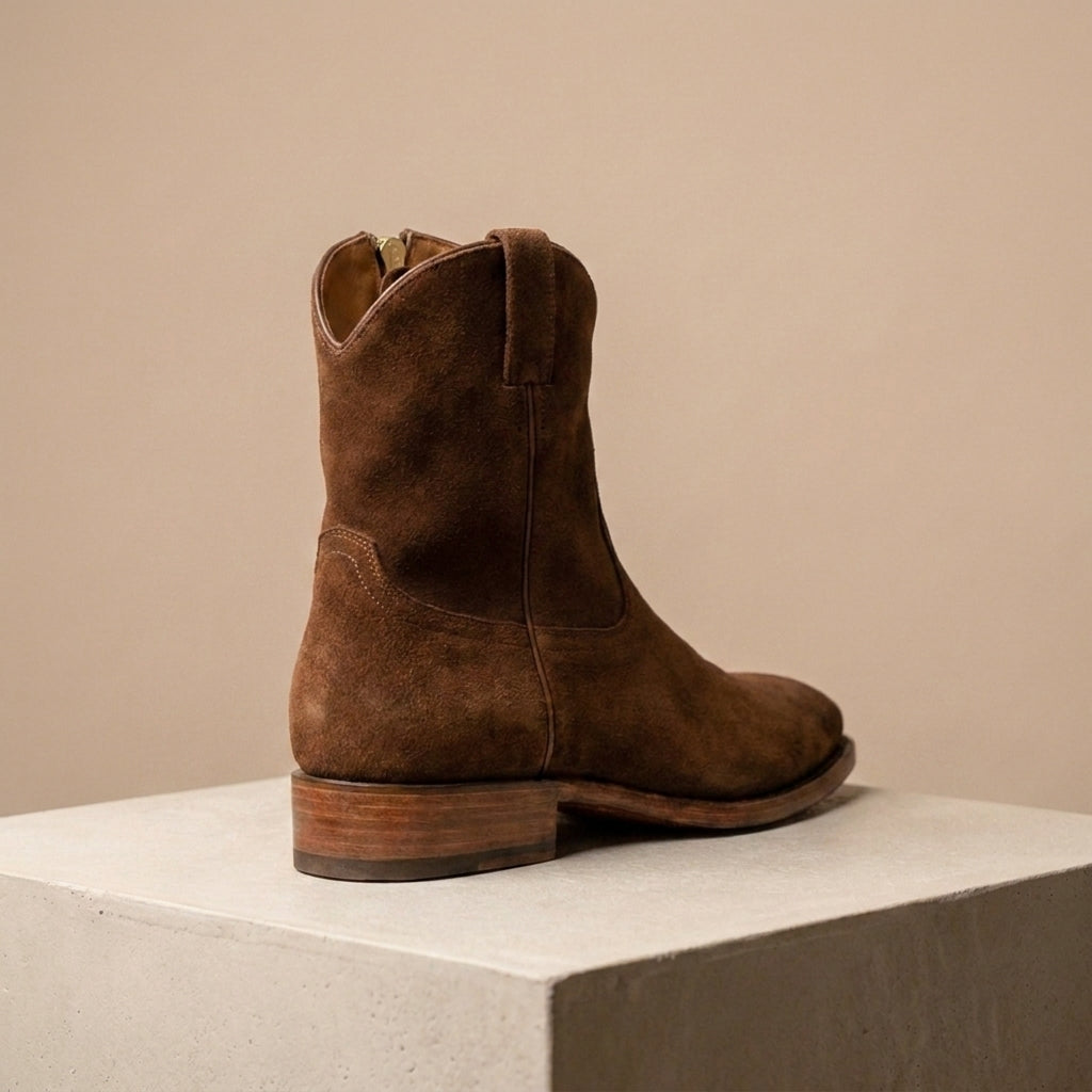 Brown Suede Burrasca Zipper Cowboy Boot with Natural Leather Sole – heel view