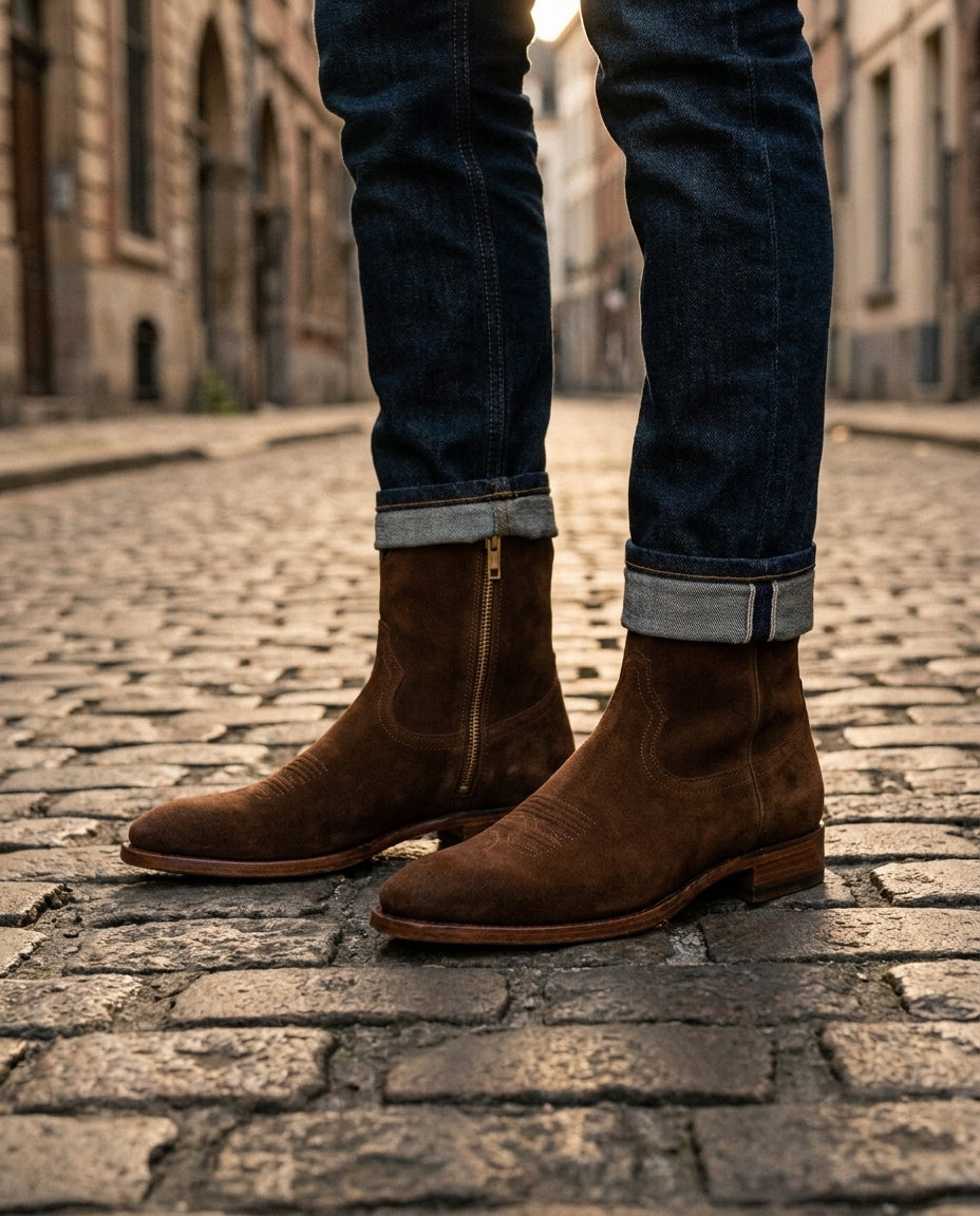 Brown Suede Burrasca Zipper Cowboy Boot with Natural Leather Sole – lifestyle