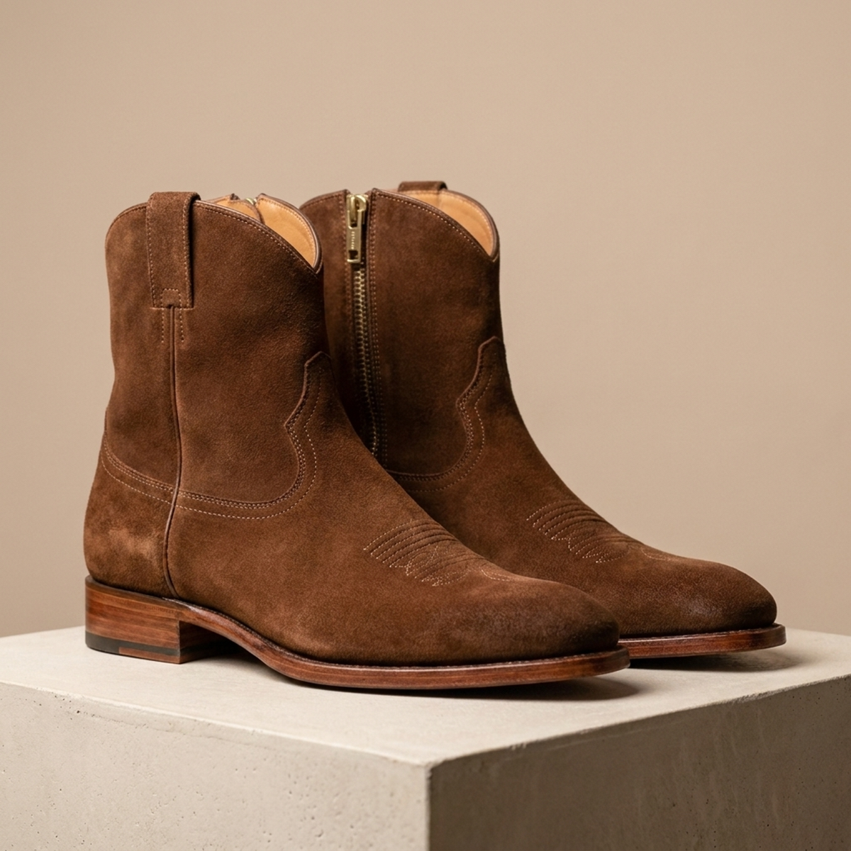 Brown Suede Burrasca Zipper Cowboy Boot with Natural Leather Sole