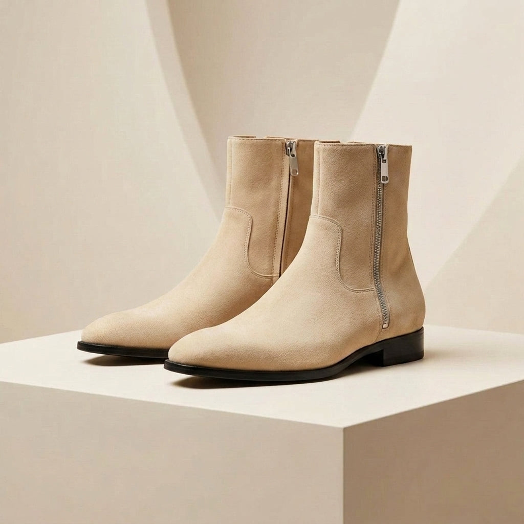 Height Increasing Cream Suede Messina Zip Ankle Boot - 3 Inch Hidden Heel