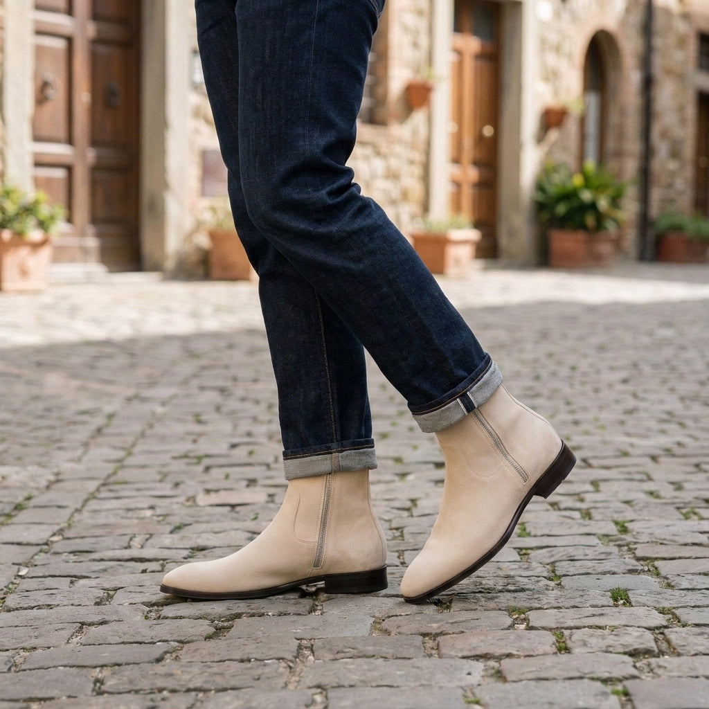 Height Increasing Cream Suede Messina Zip Ankle Boot - 3 Inch Hidden Heel