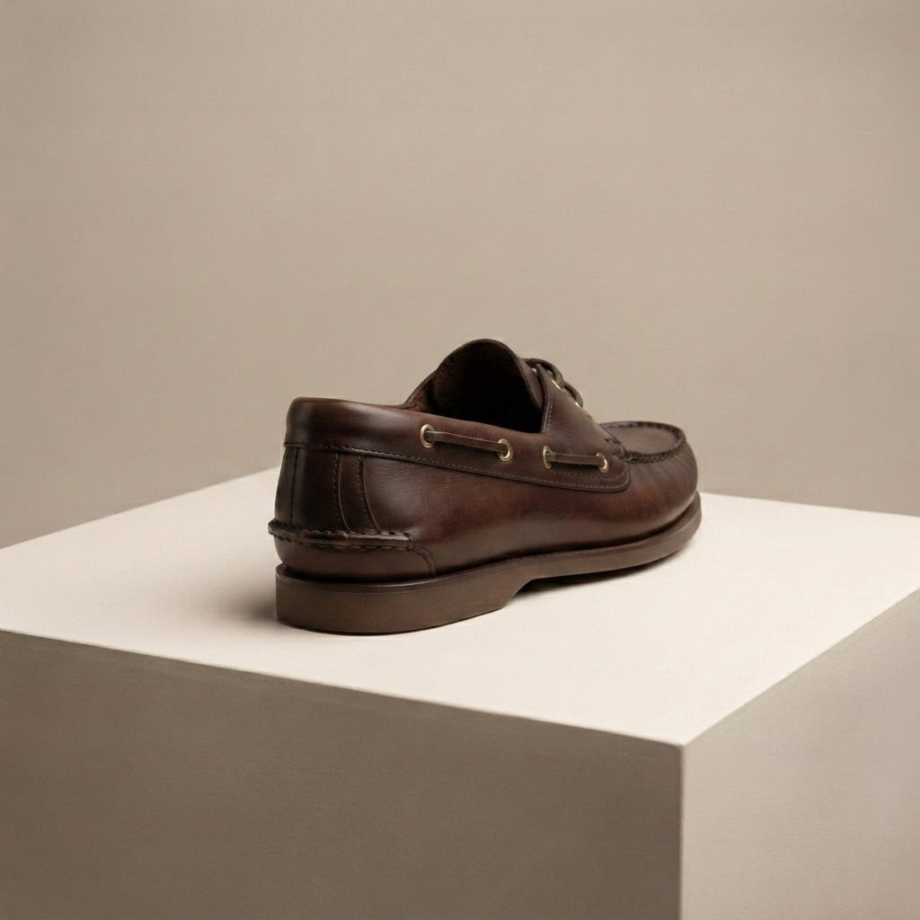 Height Increasing Dark Brown Leather Levante Boat Shoe with Natural Rubber Sole - 3 Inch Hidden Heel – heel view