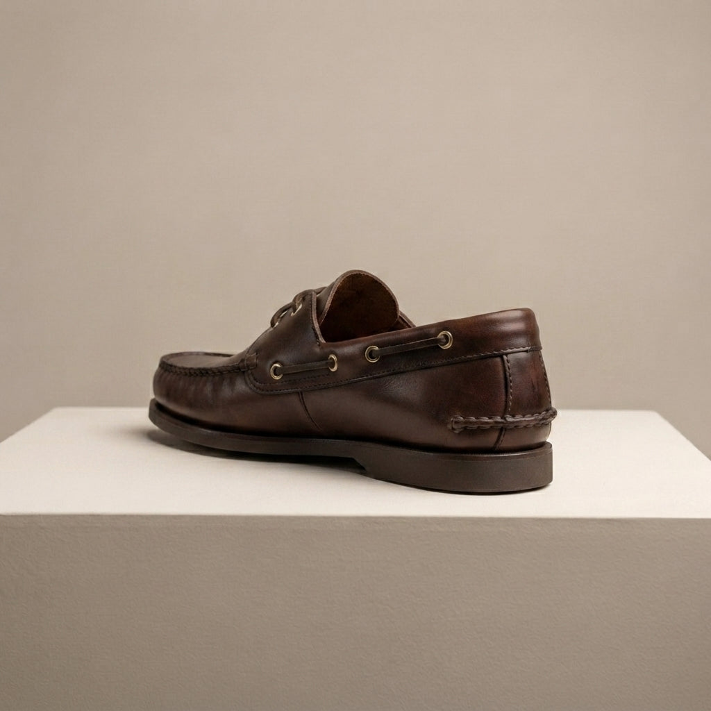 Dark Brown Leather Levante Boat Shoe with Natural Rubber Sole – heel view