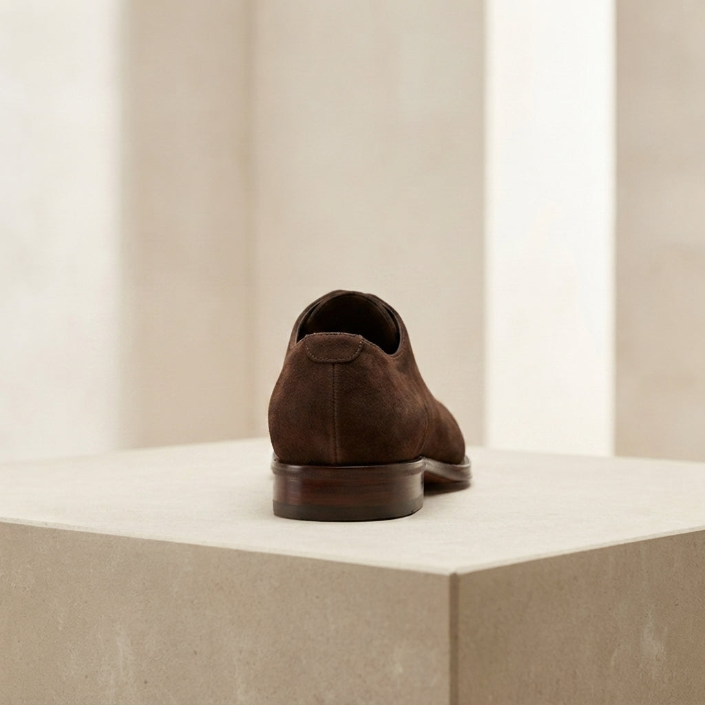 Height Increasing Dark Brown Leather Libeccio Whole Cut Oxford with Natural Leather Sole - 3 Inch Hidden Heel – heel view