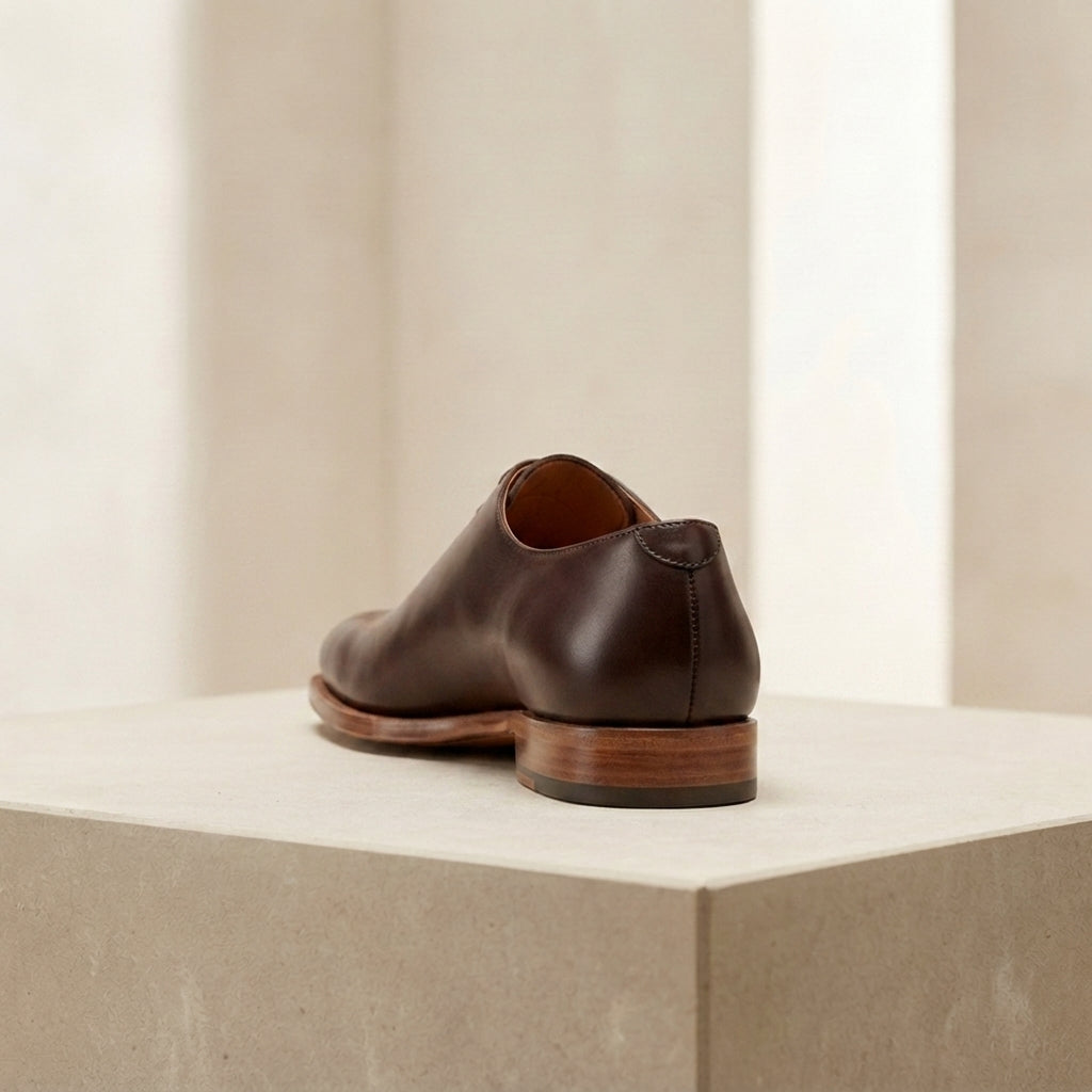 Dark Brown Leather Libeccio Whole Cut Oxford with Natural Leather Sole – heel view