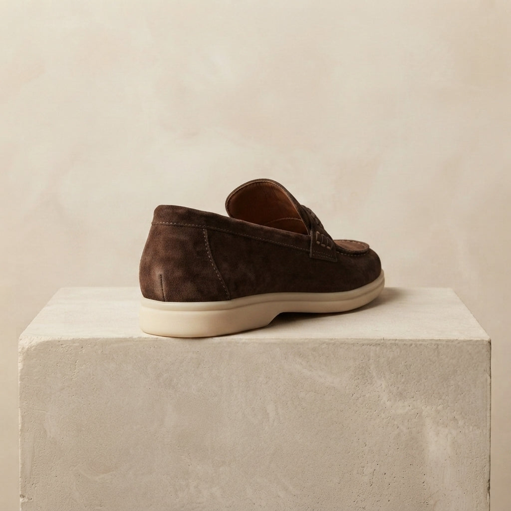 Height Increasing Dark Brown Leather Mildew Loafer with White Yacht Sole - 3 Inch Hidden Heel – heel view