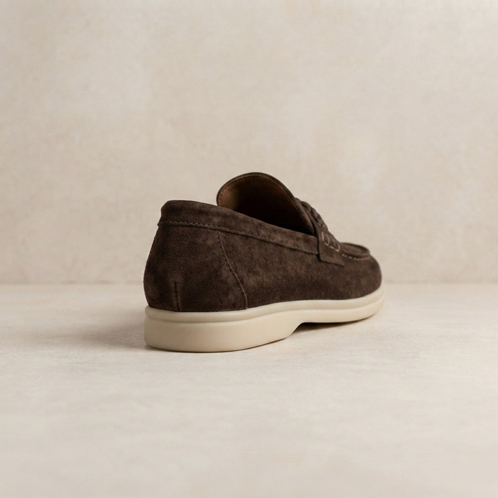 Dark Brown Leather Mildew Loafer with White Yacht Sole – heel view