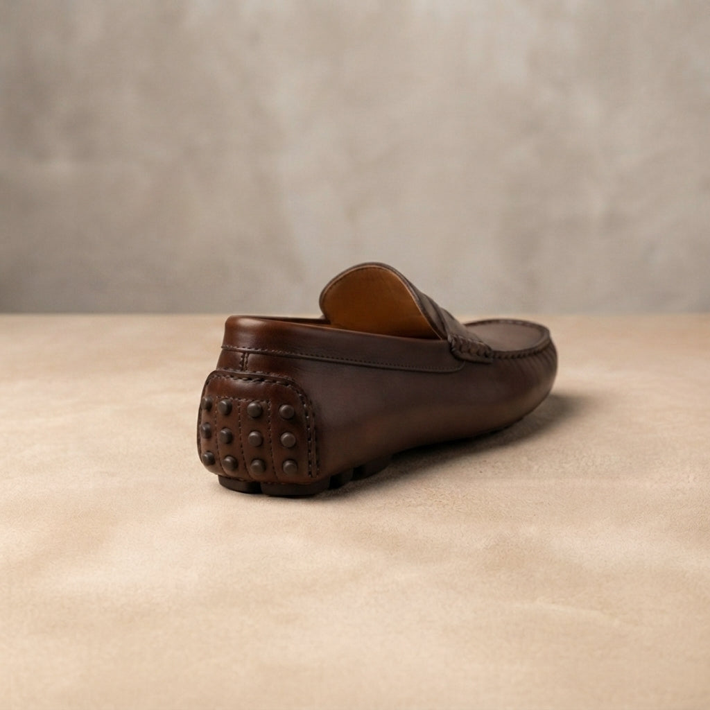 Height Increasing Dark Brown Leather Ponente Driving Shoe with Pebble Rubber Sole - 3 Inch Hidden Heel – heel view