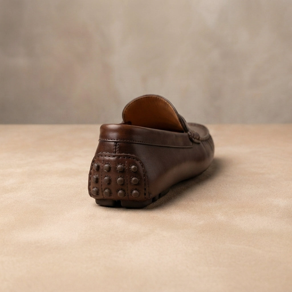 Dark Brown Leather Ponente Driving Shoe with Pebble Rubber Sole – heel view