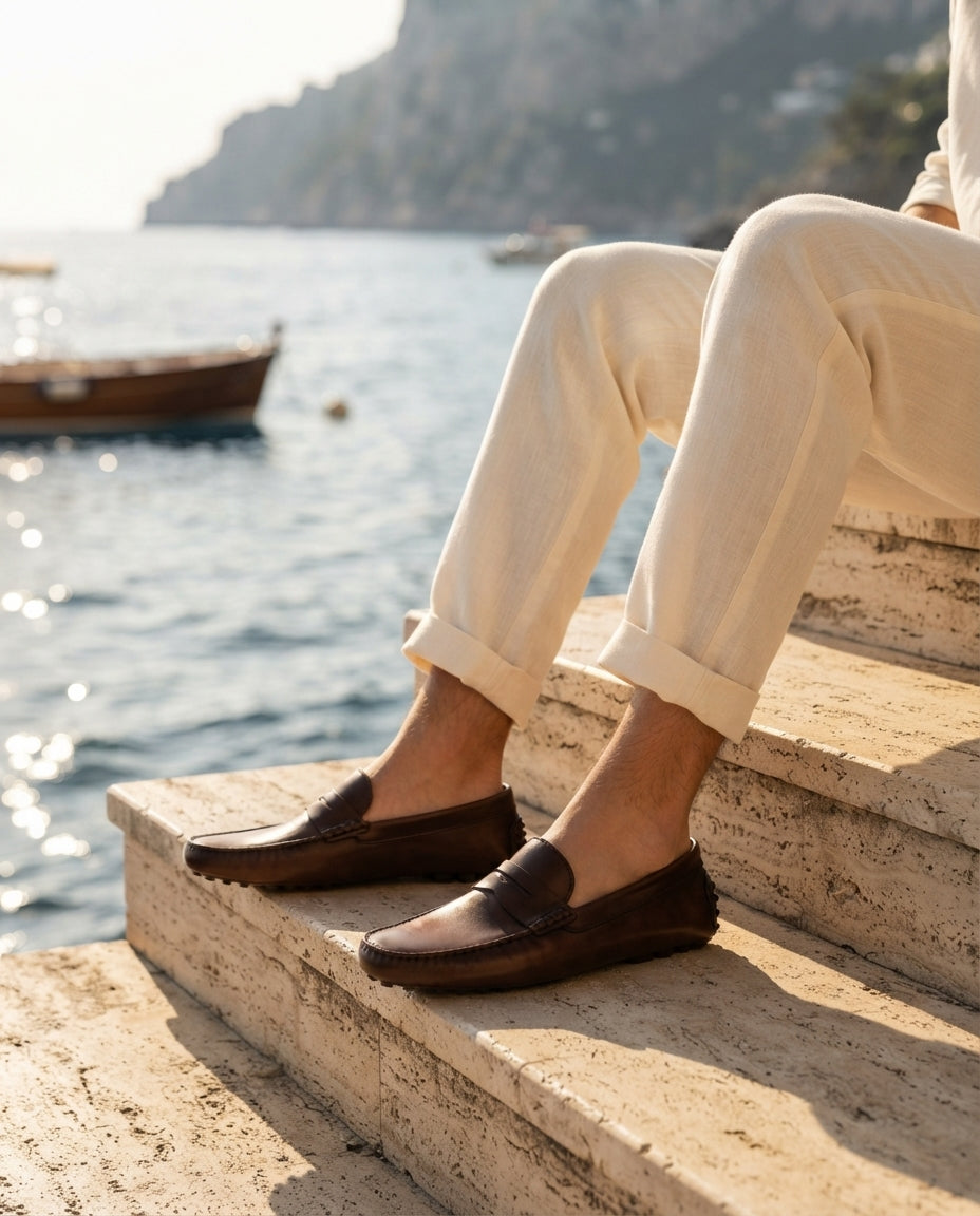 Dark Brown Leather Ponente Driving Shoe with Pebble Rubber Sole – lifestyle