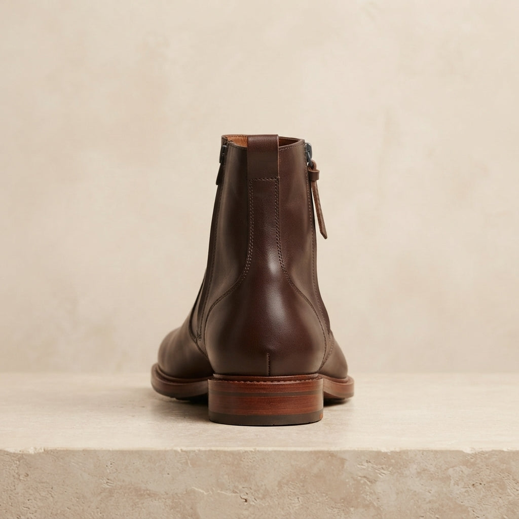 Height Increasing Dark Brown Leather Scirocco Boot with Natural Leather Sole - 3 Inch Hidden Heel – heel view
