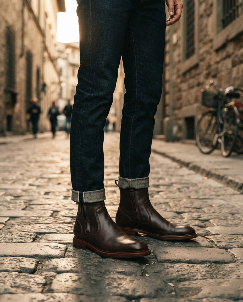 Dark Brown Leather Scirocco Boot with Natural Leather Sole – lifestyle