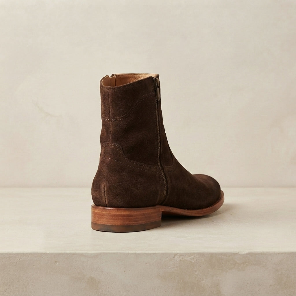 Height Increasing Dark Brown Leather Scirocco Boot with Natural Leather Sole - 3 Inch Hidden Heel – heel view