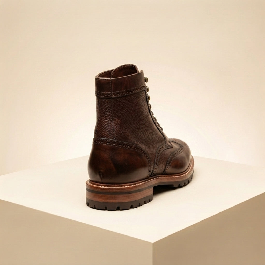 Height Increasing Dark Brown Leather Scirocco Boot with Natural Leather Sole - 3 Inch Hidden Heel – heel view