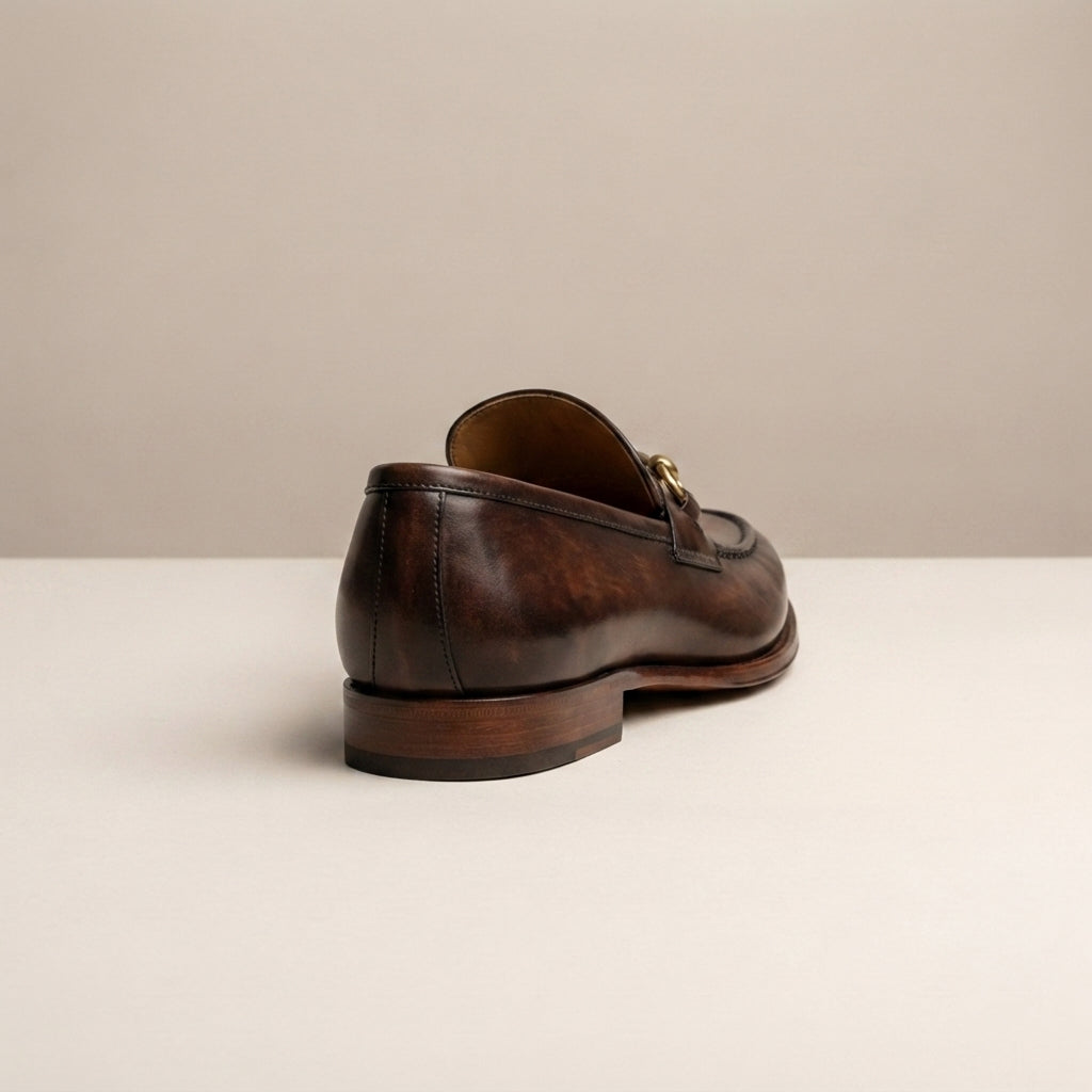 Height Increasing Dark Brown Leather Solaro Horse Bit Loafer with Natural Leather Sole - 3 Inch Hidden Heel – heel view