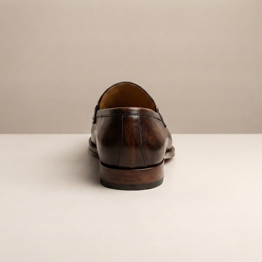 Dark Brown Leather Solaro Horse Bit Loafer with Natural Leather Sole – heel view