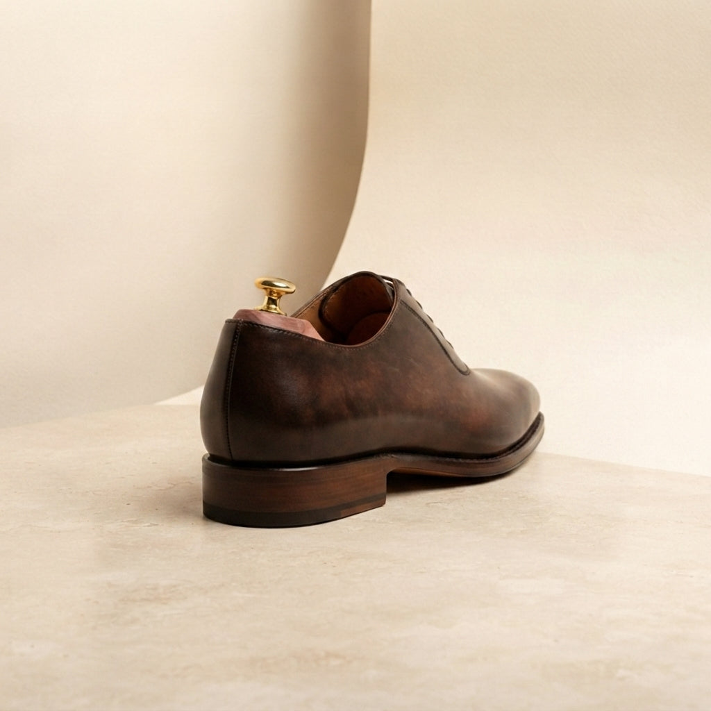 Height Increasing Dark Brown Patina Calf Libeccio Whole Cut Oxford with Natural Leather Sole - 3 Inch Hidden Heel – heel view