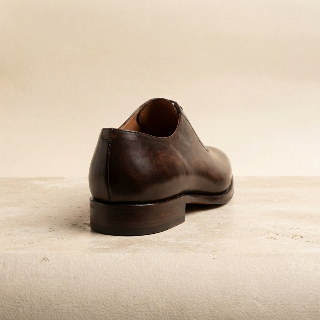 Dark Brown Patina Calf Libeccio Whole Cut Oxford with Natural Leather Sole – heel view