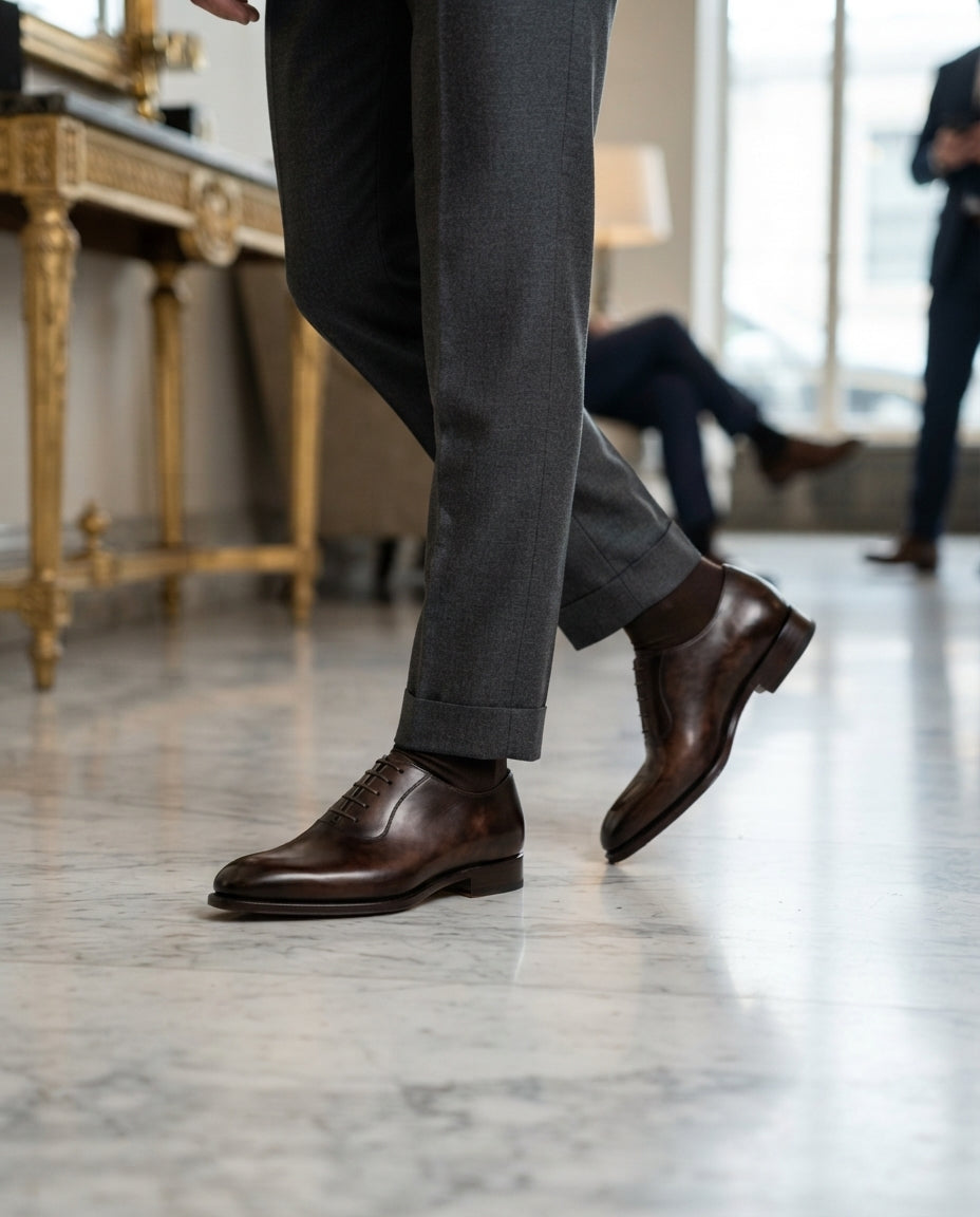 Dark Brown Patina Calf Libeccio Whole Cut Oxford with Natural Leather Sole – lifestyle