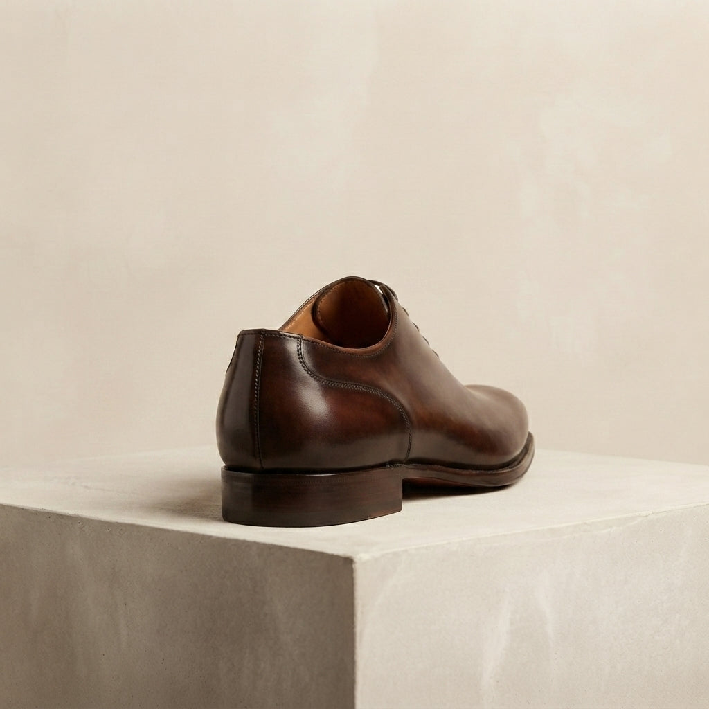 Height Increasing Dark Brown Patina Calf Libeccio Whole Cut Oxford with Natural Leather Sole - 3 Inch Hidden Heel – heel view