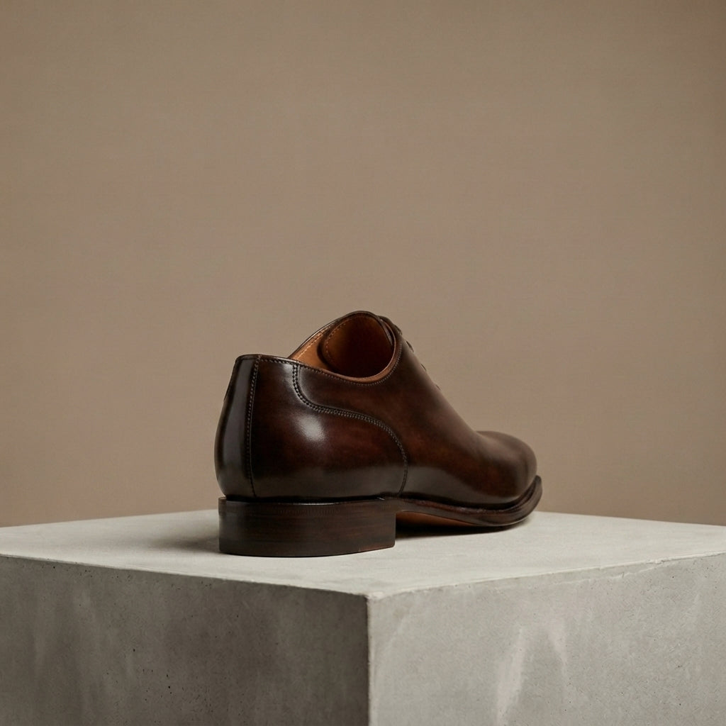 Height Increasing Dark Brown Patina Calf Libeccio Whole Cut Oxford with Natural Leather Sole - 3 Inch Hidden Heel – heel view
