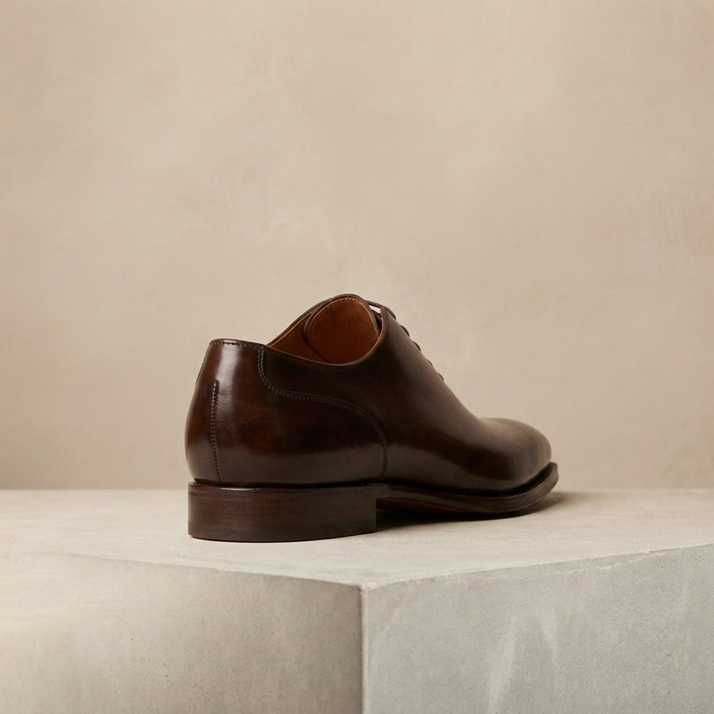 Dark Brown Patina Calf Libeccio Whole Cut Oxford with Natural Leather Sole – heel view
