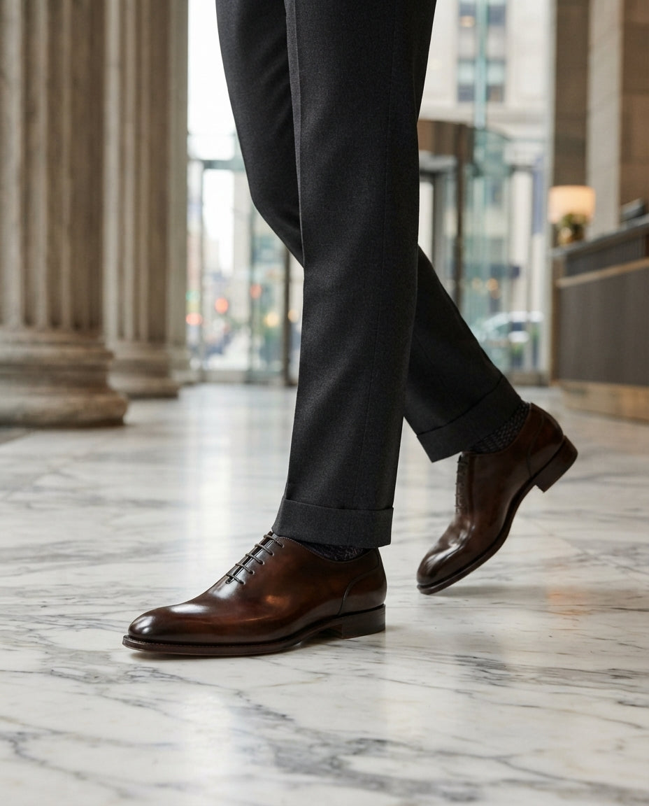 Dark Brown Patina Calf Libeccio Whole Cut Oxford with Natural Leather Sole – lifestyle