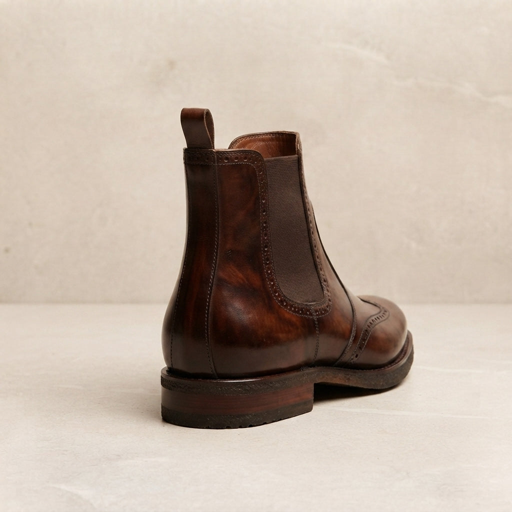 Height Increasing Dark Brown Patina Calf Tramontana Chelsea Boot with Natural Leather Sole - 3 Inch Hidden Heel – heel view