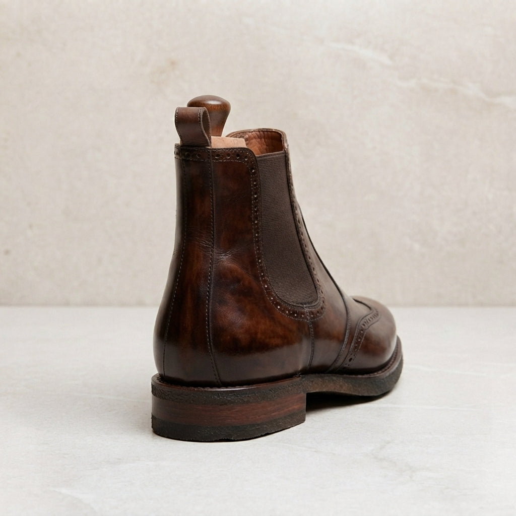 Dark Brown Patina Calf Tramontana Chelsea Boot with Natural Leather Sole – heel view