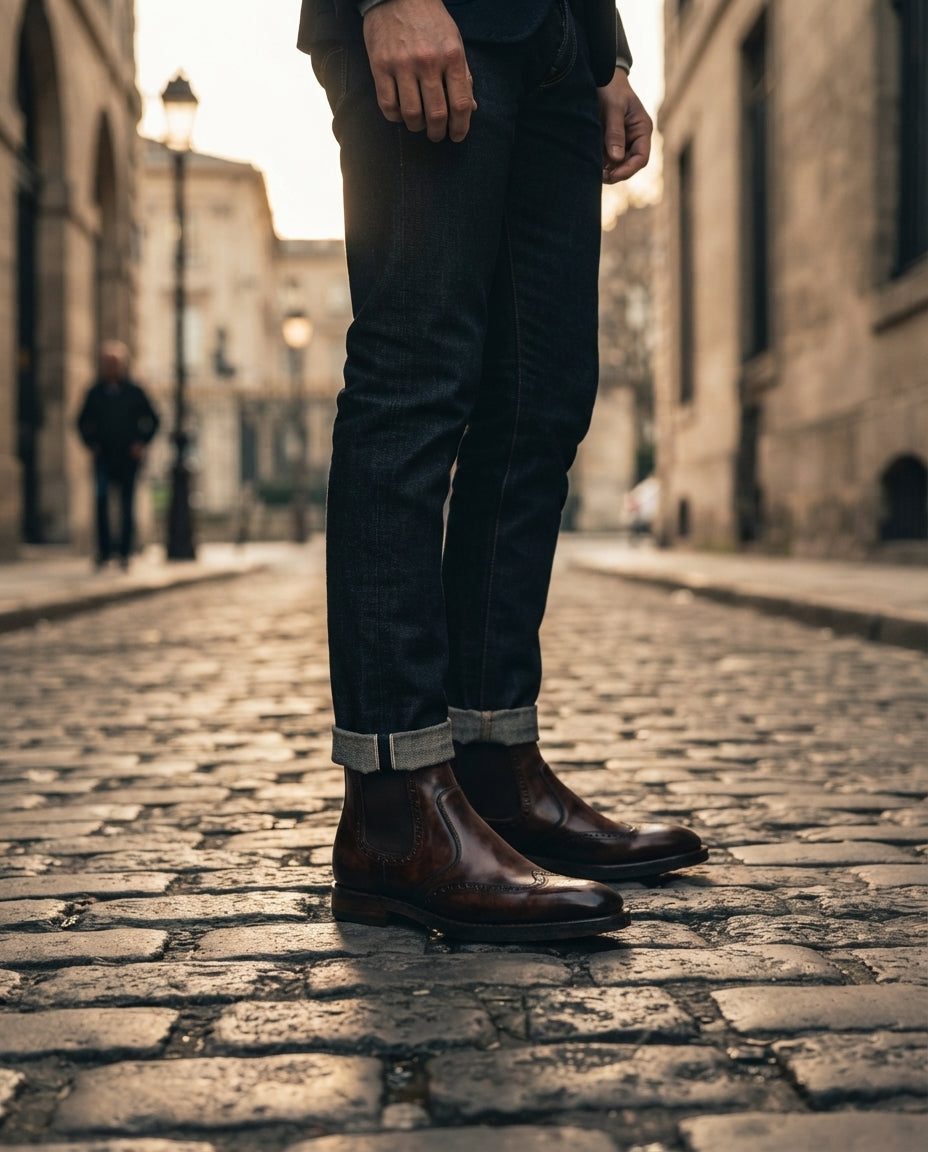 Dark Brown Patina Calf Tramontana Chelsea Boot with Natural Leather Sole – lifestyle