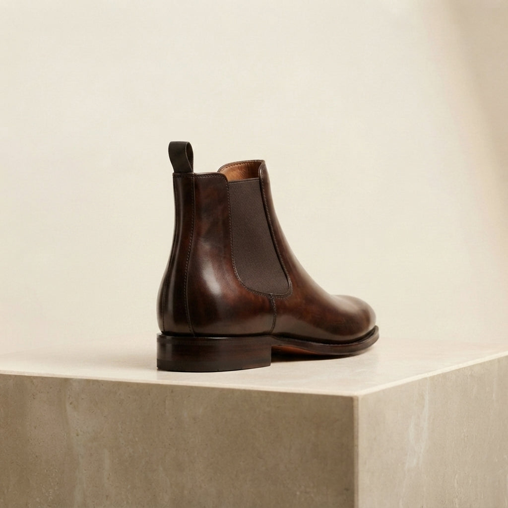 Height Increasing Dark Brown Patina Calf Tramontana Chelsea Boot with Natural Leather Sole - 3 Inch Hidden Heel – heel view
