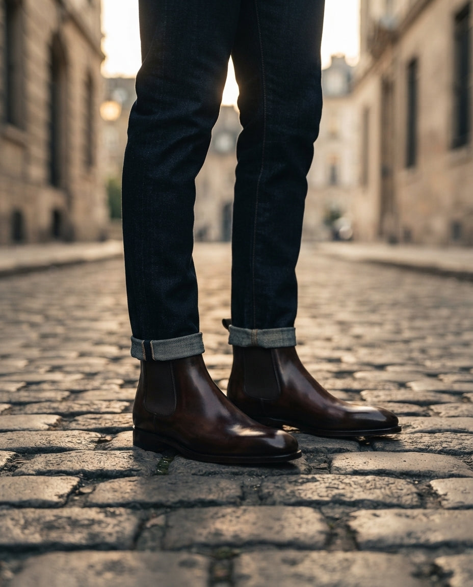 Height Increasing Dark Brown Patina Calf Tramontana Chelsea Boot with Natural Leather Sole - 3 Inch Hidden Heel – lifestyle