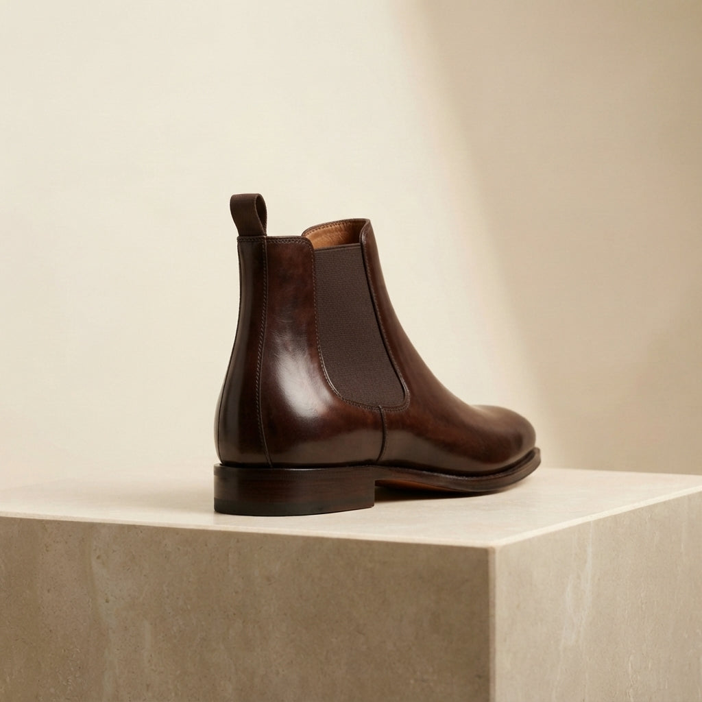 Dark Brown Patina Calf Tramontana Chelsea Boot with Natural Leather Sole – heel view