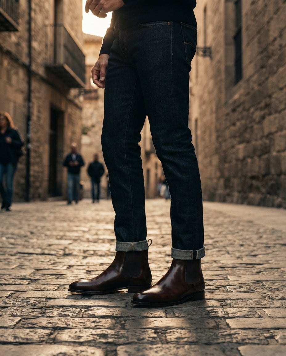Dark Brown Patina Calf Tramontana Chelsea Boot with Natural Leather Sole – lifestyle