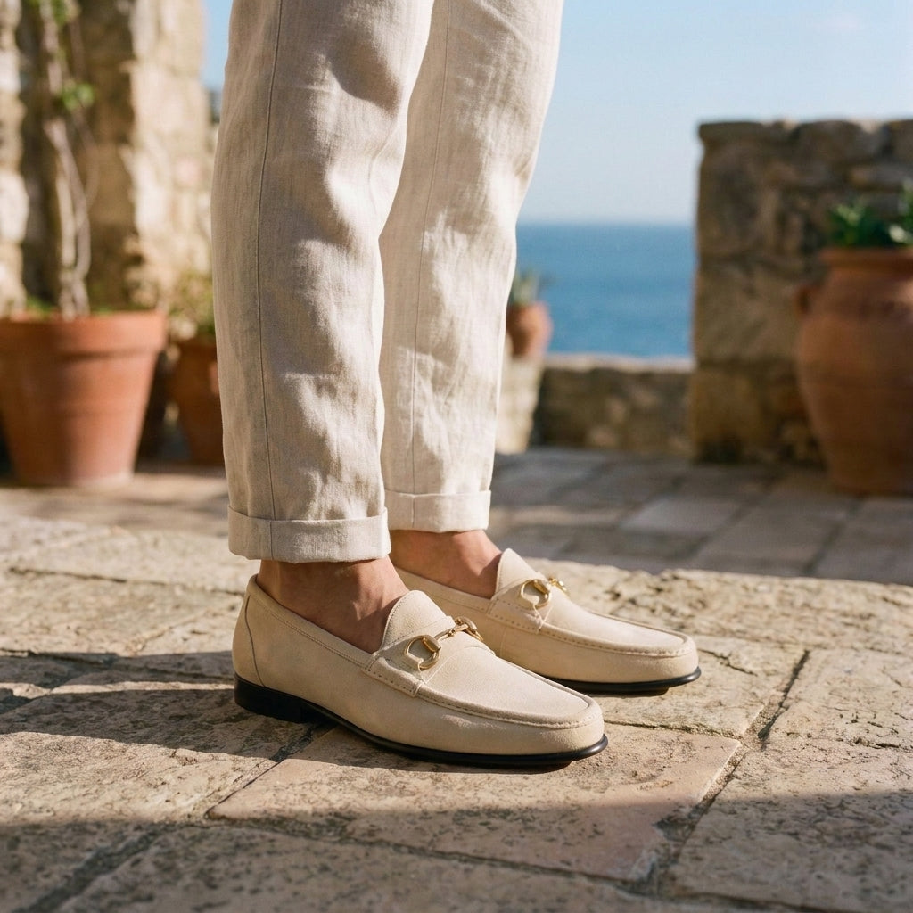 Height Increasing Cream Suede Positano Bit Loafer - 3 Inch Hidden Heel