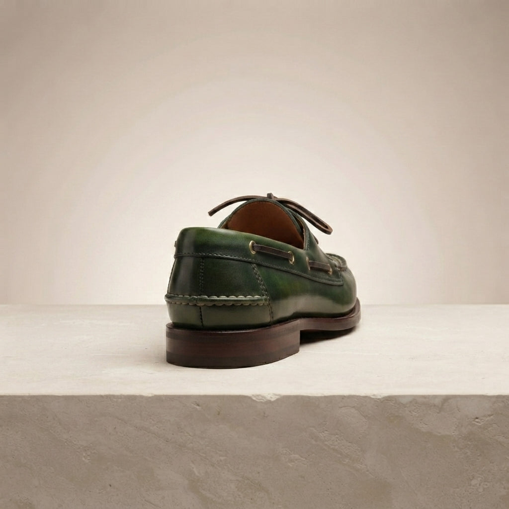 Height Increasing Green Patina Calf Levante Boat Shoe with Natural Rubber Sole - 3 Inch Hidden Heel – heel view