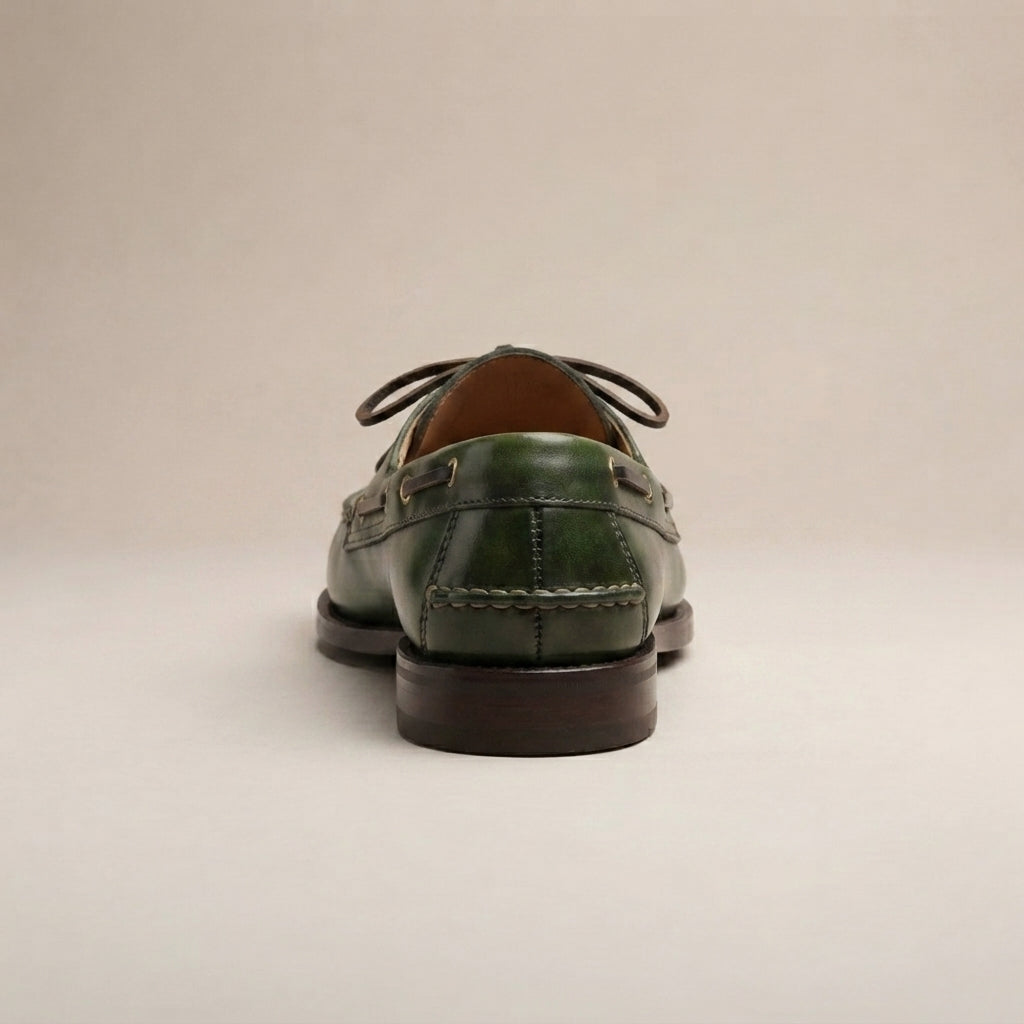 Green Patina Calf Levante Boat Shoe with Natural Rubber Sole – heel view