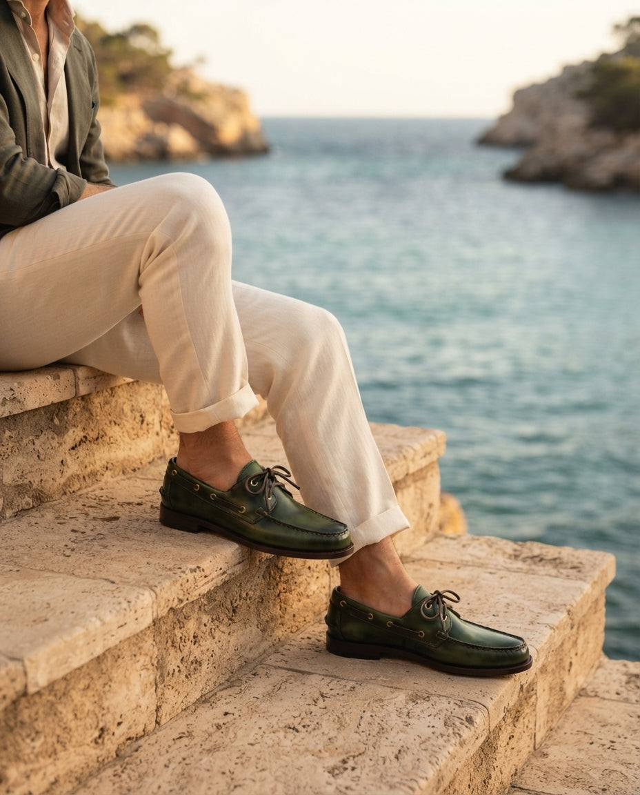 Green Patina Calf Levante Boat Shoe with Natural Rubber Sole – lifestyle