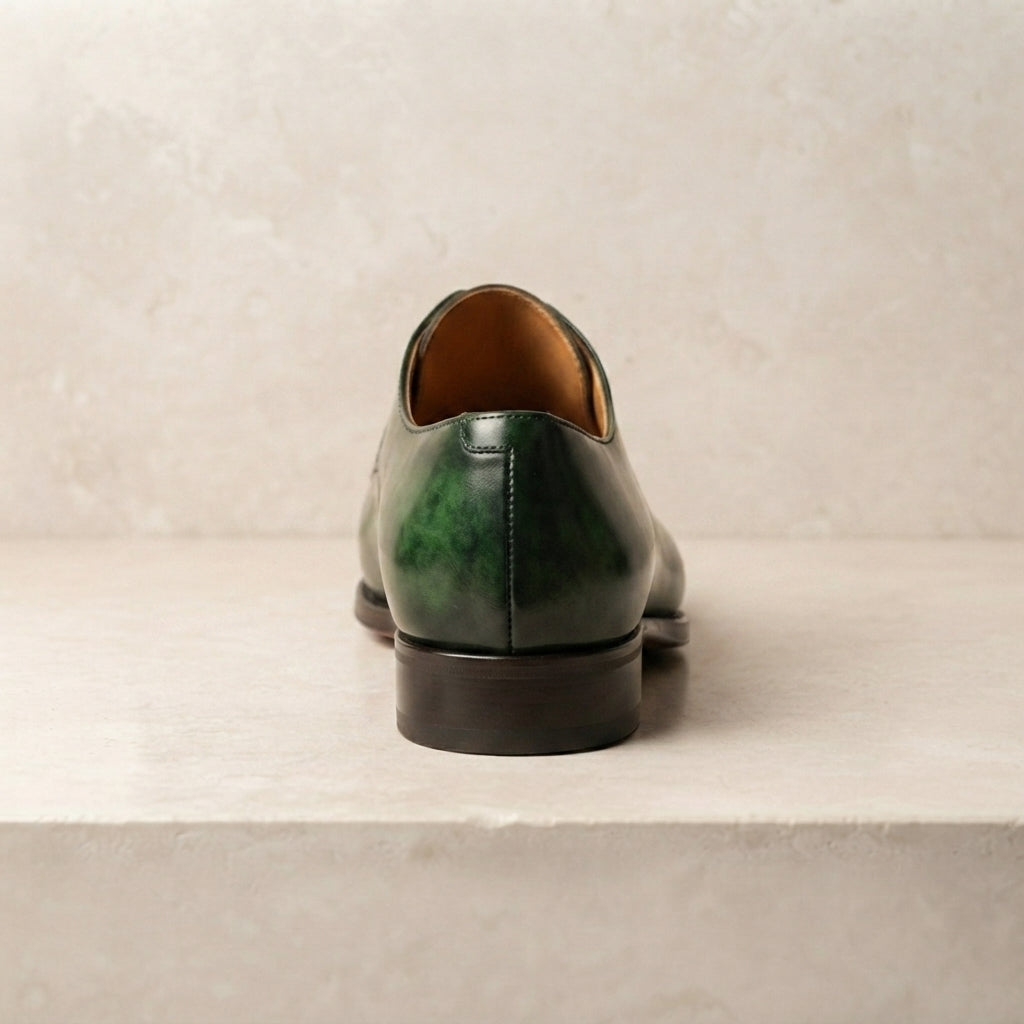 Height Increasing Green Patina Calf Libeccio Whole Cut Oxford with Natural Leather Sole - 3 Inch Hidden Heel – heel view
