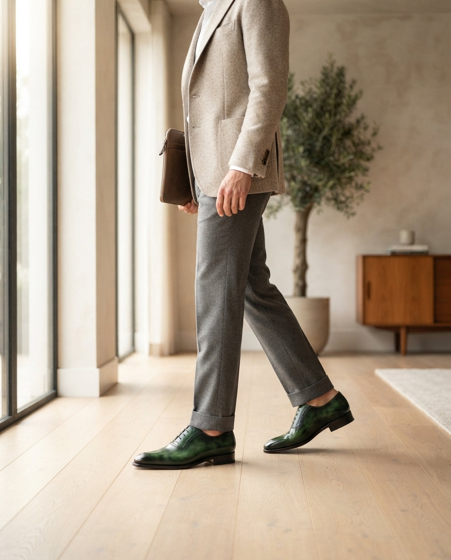 Height Increasing Green Patina Calf Libeccio Whole Cut Oxford with Natural Leather Sole - 3 Inch Hidden Heel – lifestyle