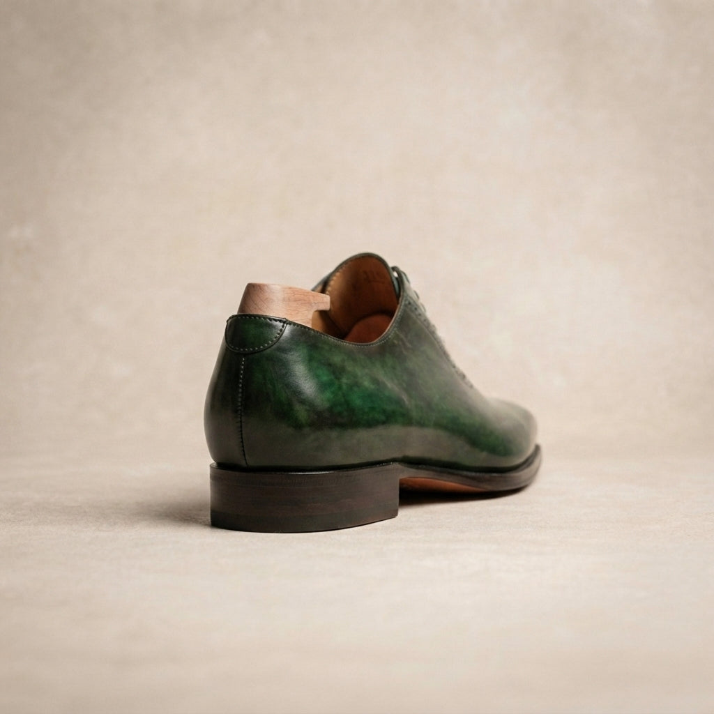 Green Patina Calf Libeccio Whole Cut Oxford with Natural Leather Sole – heel view