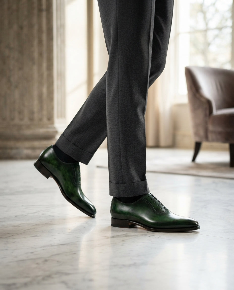 Green Patina Calf Libeccio Whole Cut Oxford with Natural Leather Sole – lifestyle