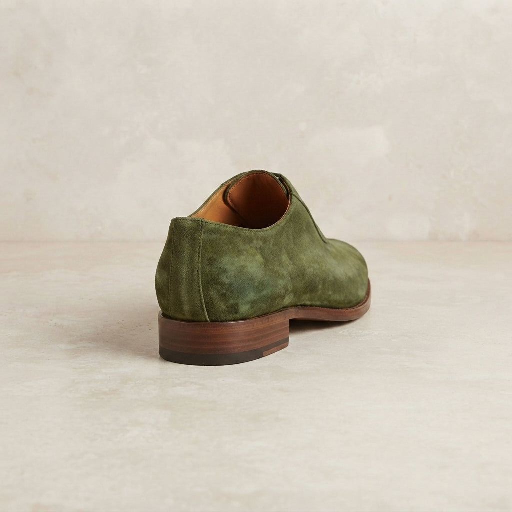 Height Increasing Green Patina Calf Libeccio Whole Cut Oxford with Natural Leather Sole - 3 Inch Hidden Heel – heel view