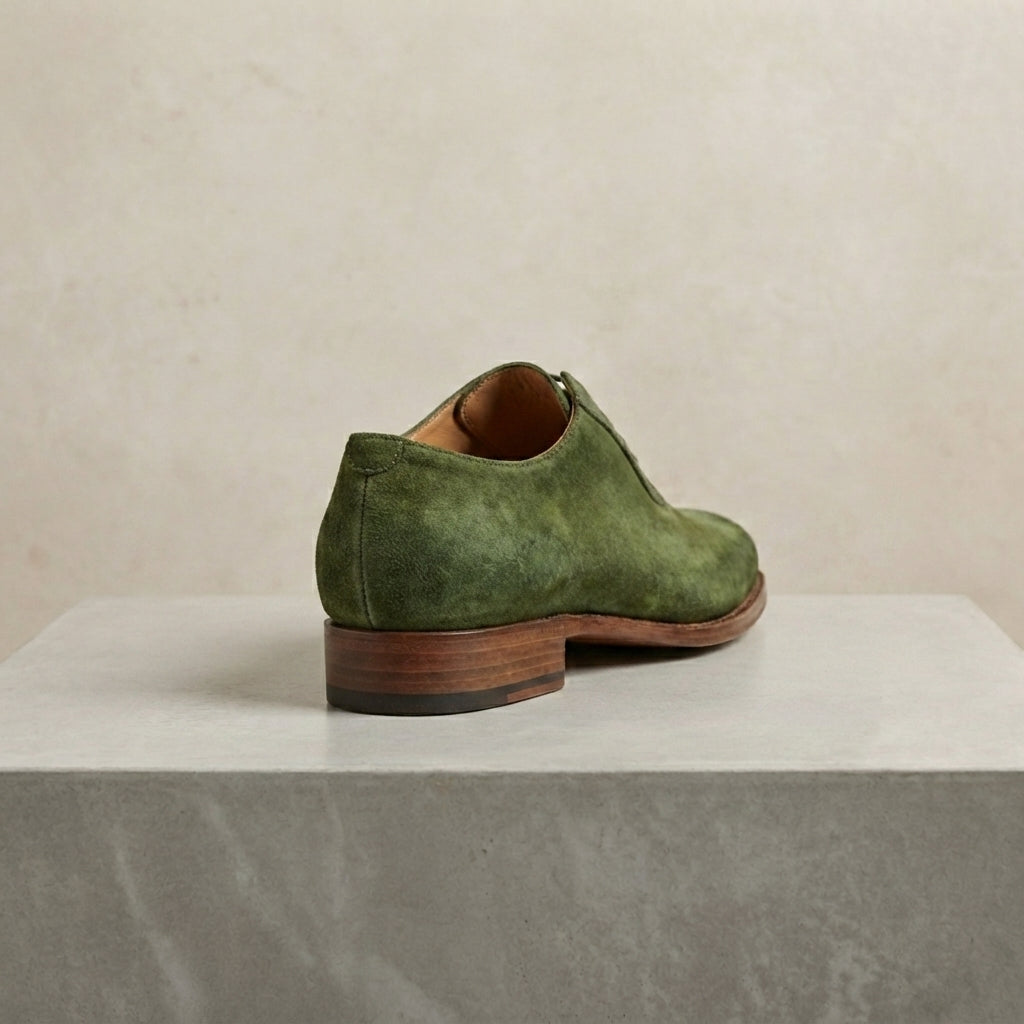 Green Patina Calf Libeccio Whole Cut Oxford with Natural Leather Sole – heel view